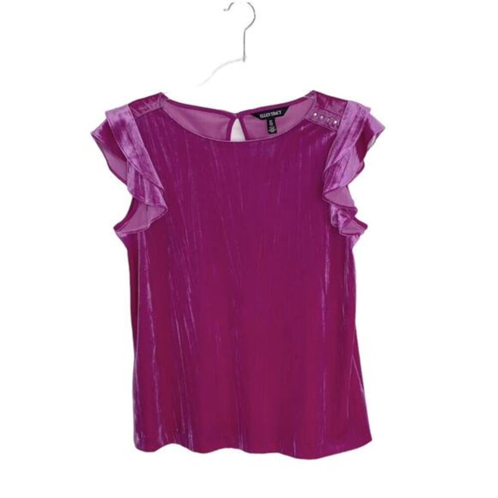 Ellen Tracy Shirt Womens Small Blouse Pink Velour/Velvet Flutter Sleeve Studded‎